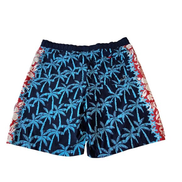 Chaps Hawaiian Swim Drawstring Trunks Mens Size Large Blue Red Floral Palm Tree - Picture 2 of 6